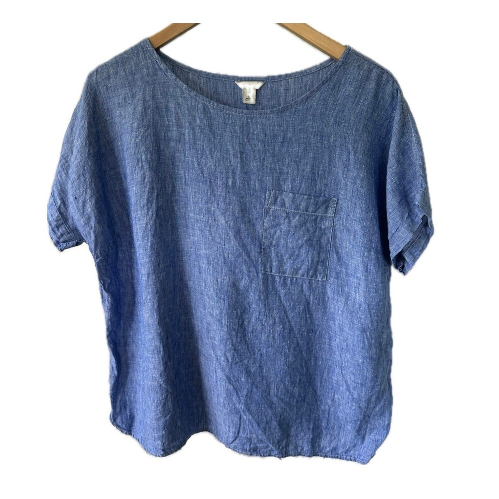 L.L. Bean 100% Linen Scoop Neck Open Chest Pocket Pull Over Tunic Blouse L